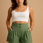 Women’s elegant summer shorts with flattering fit and double button detail, versatile for brunch, garden parties, or stylish everyday outfits.