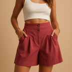 Women’s elegant summer shorts with flattering fit and double button detail, versatile for brunch, garden parties, or stylish everyday outfits.