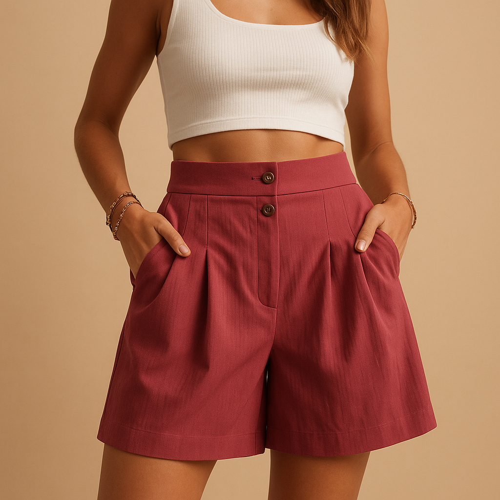 Women’s elegant summer shorts with flattering fit and double button detail, versatile for brunch, garden parties, or stylish everyday outfits.