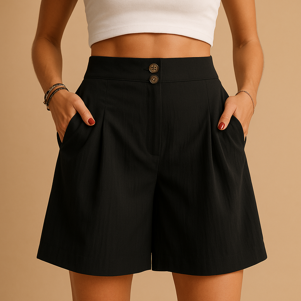 Women’s elegant summer shorts with flattering fit and double button detail, versatile for brunch, garden parties, or stylish everyday outfits.