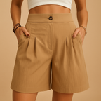 Women’s elegant summer shorts with flattering fit and double button detail, versatile for brunch, garden parties, or stylish everyday outfits.