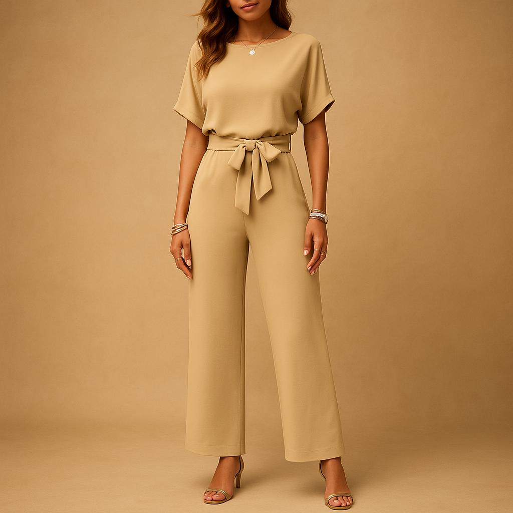 Women’s elegant tailored jumpsuit with fitted waist and flowing sleeves, ideal for weddings, galas, and formal evening events.