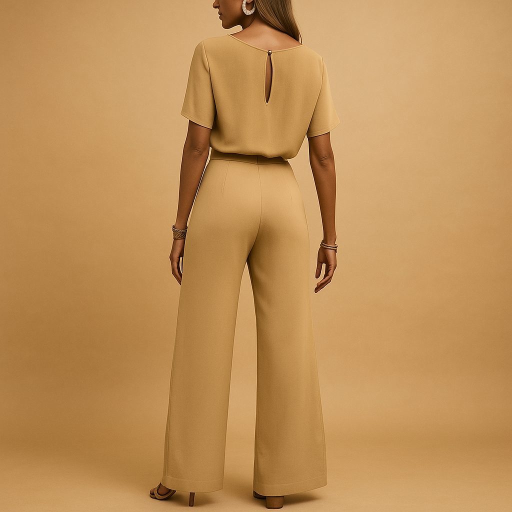 Women’s elegant tailored jumpsuit with fitted waist and flowing sleeves, ideal for weddings, galas, and formal evening events.