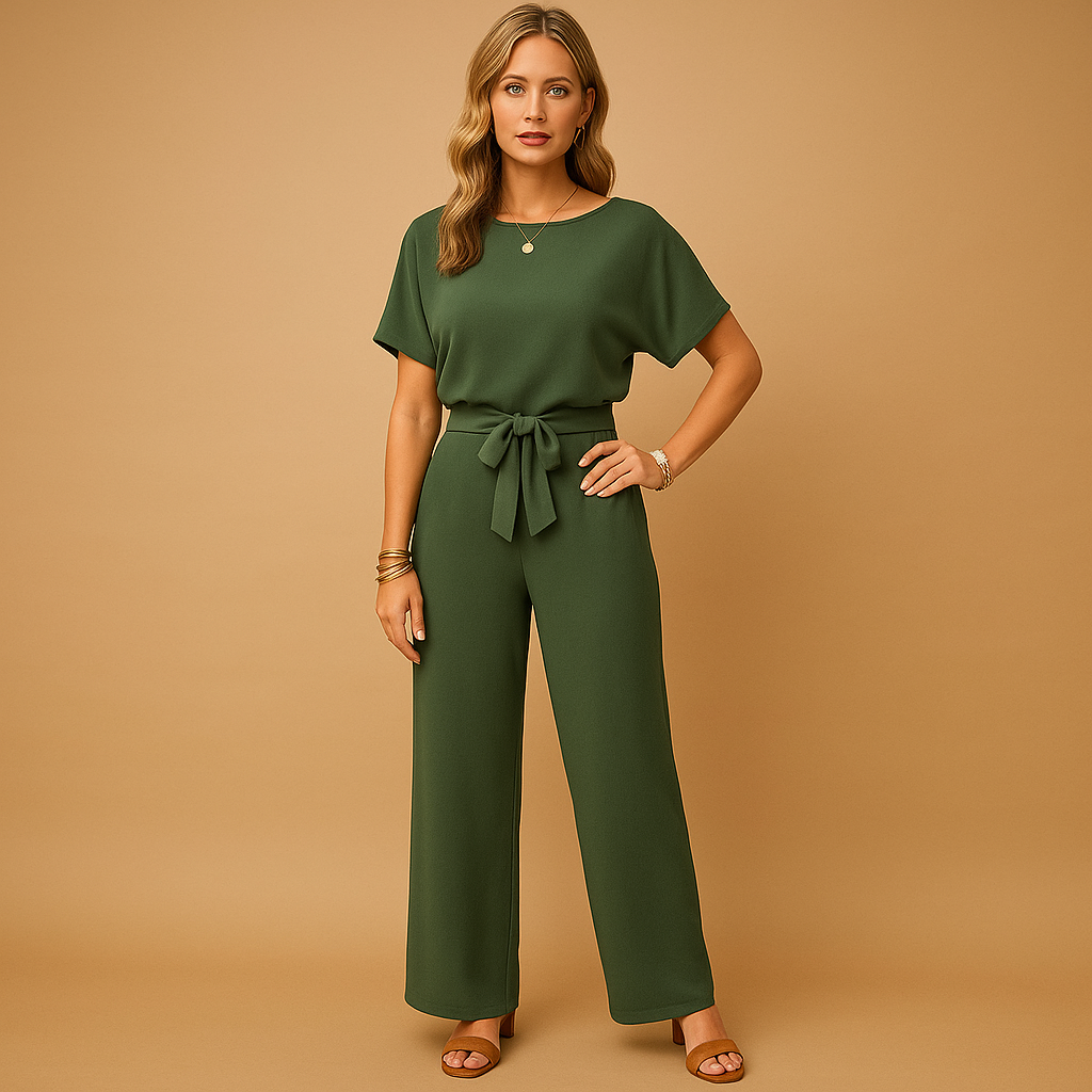 Women’s elegant tailored jumpsuit with fitted waist and flowing sleeves, ideal for weddings, galas, and formal evening events.