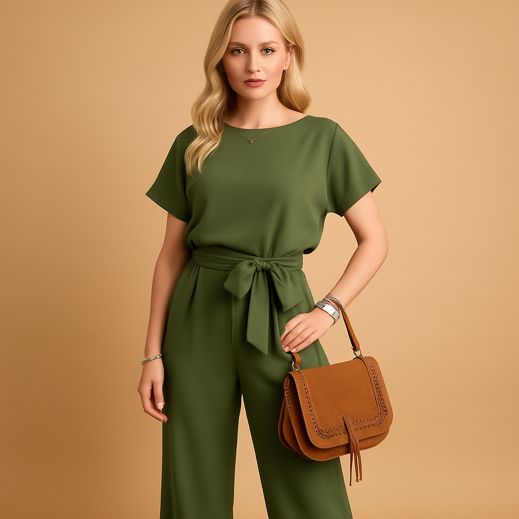 Elegant tailored jumpsuit for women with flowing sleeves and fitted waist, perfect for weddings, galas, and formal evening events.