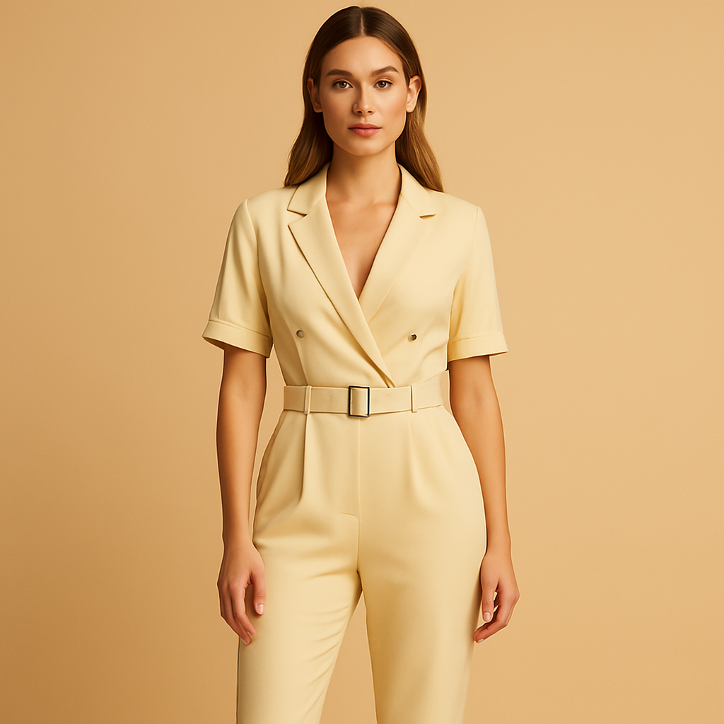 Elegant V-neck jumpsuit for women with a formal collar and half sleeves, perfect for work, evenings out, and formal occasions.