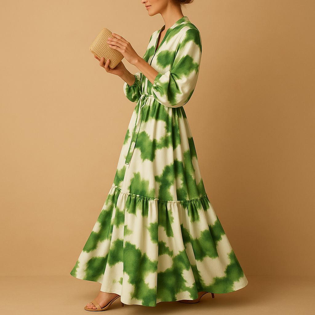 Women’s elegant V-neck maxi dress with long sleeves and flowing fit, ideal for formal events, romantic evenings, and festive occasions.