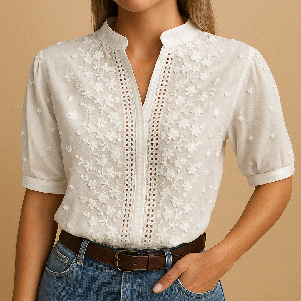 Women’s elegant white blouse with classic collar and button closure, perfect for office wear, casual outings, or evening occasions.