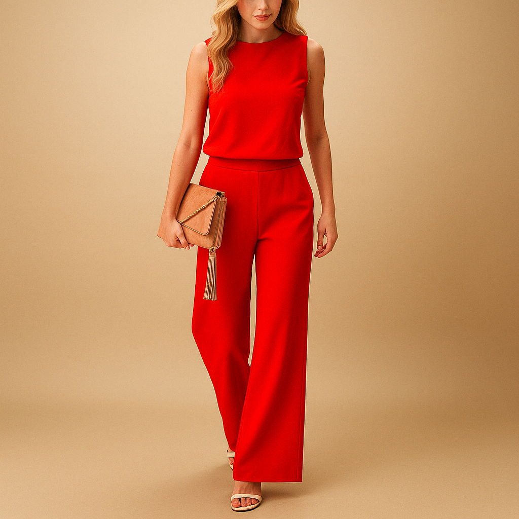 Women’s elegant wide-leg jumpsuit with a round neckline and mid-waist fit, perfect for work, evenings, or special occasions.