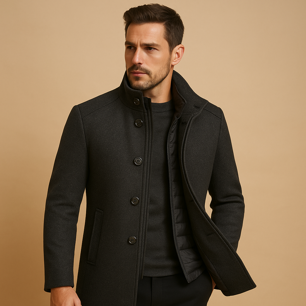 Men’s elegant wool coat with slim single-breasted fit and refined mandarin collar. Perfect for formal occasions and daily winter wear.