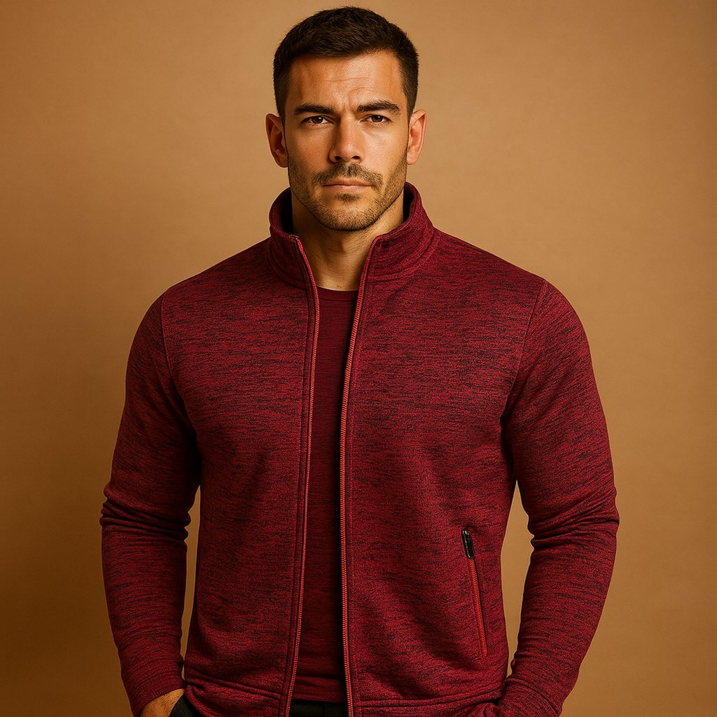 Men’s elegant zip cardigan with hidden pockets and hand-finished details, perfect for stylish comfort in business or casual settings.