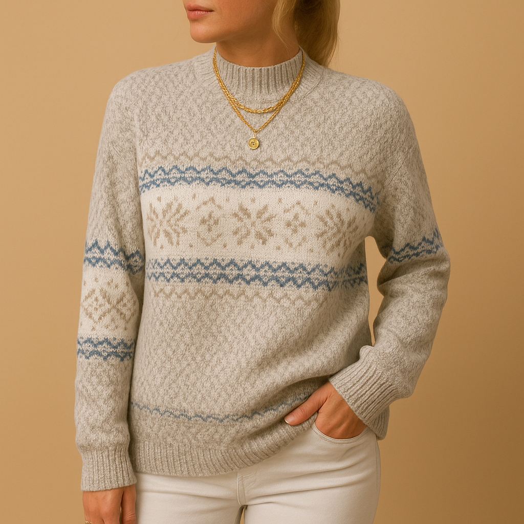 Women’s festive Christmas sweater with holiday print, warm soft fabric, and comfortable fit, available in blue, apricot, grey, and pink.