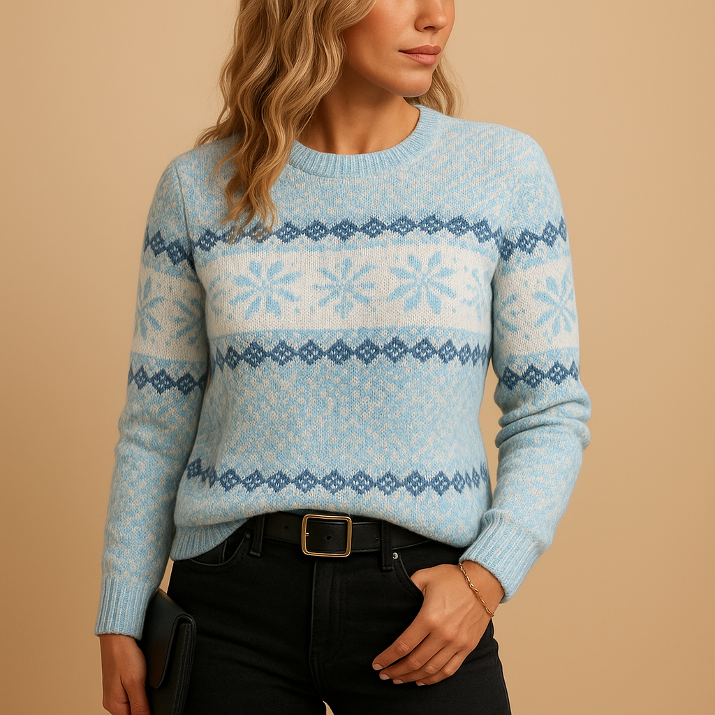 Women’s festive Christmas sweater with holiday print, warm soft fabric, and comfortable fit, available in blue, apricot, grey, and pink.