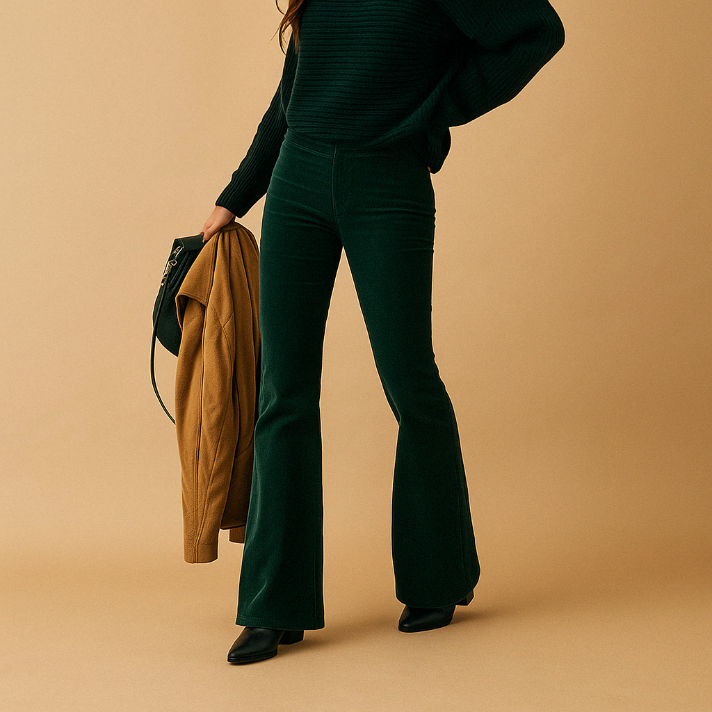 Flared corduroy trousers for women with soft ribbed fabric, available in multiple colours for casual or semi-formal styling.