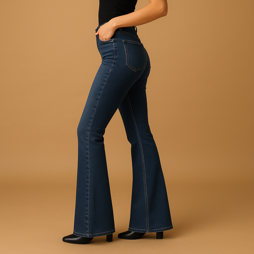 Flared high-waist jeans for women in classic denim blue with a retro-inspired design and flattering silhouette.