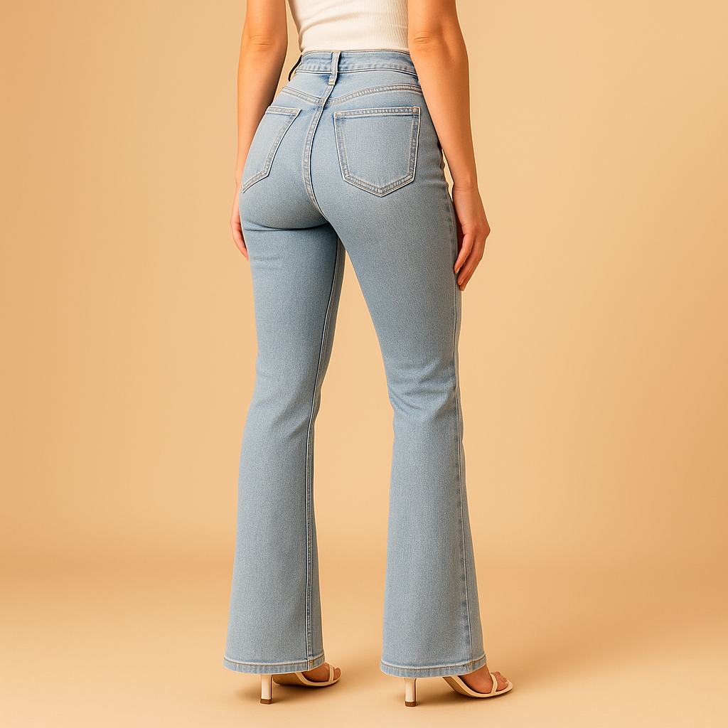 Flared high-waist jeans for women in classic denim blue with a retro-inspired design and flattering silhouette.