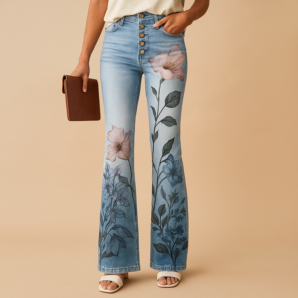Flared printed jeans for women with floral and butterfly designs, made from soft breathable fabric and designed for relaxed warm-weather outfits.