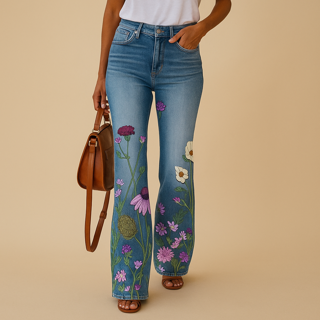 Flared printed jeans for women with floral and butterfly designs, made from soft breathable fabric and designed for relaxed warm-weather outfits.