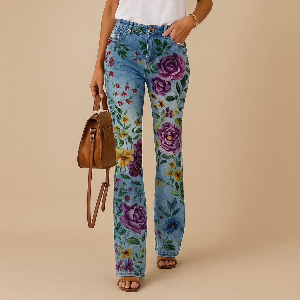 Flared printed jeans for women with floral and butterfly designs, made from soft breathable fabric and designed for relaxed warm-weather outfits.
