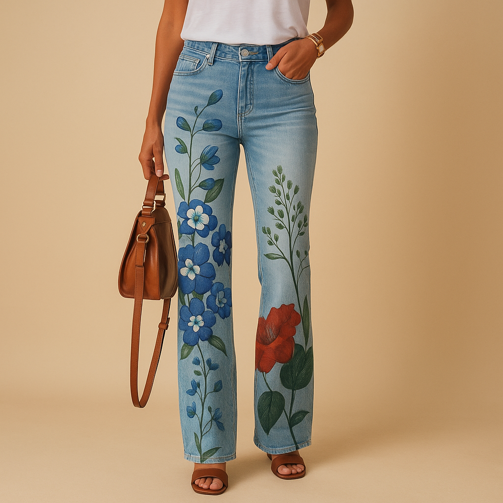 Flared printed jeans for women with floral and butterfly designs, made from soft breathable fabric and designed for relaxed warm-weather outfits.