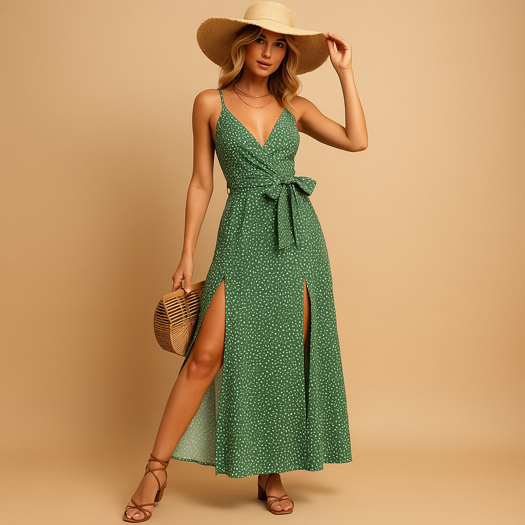 Floral beach dress for women with V-neck and adjustable waist, perfect for summer, beach vacations, and casual outings.
