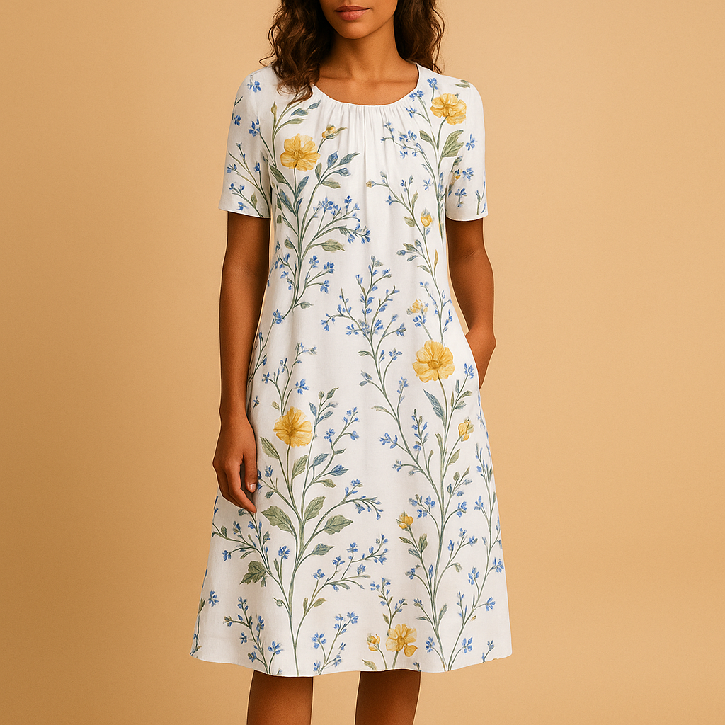 Women’s floral casual dress made from breathable cotton with an elegant flower pattern, ideal for warm days and casual occasions.