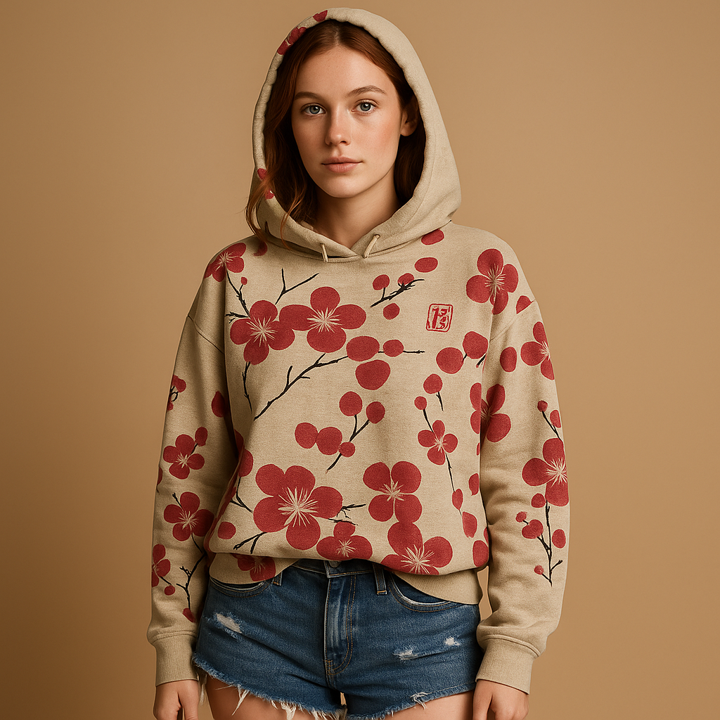 Women’s floral hoodie sweater with relaxed fit, drawstring hood, and breathable knit. Available in black, blue, and red for casual and cozy wear.