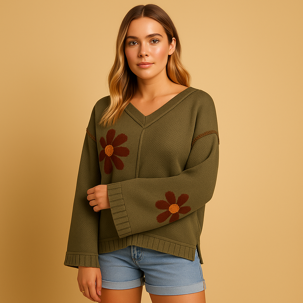 Floral knit V-neck sweater for women in green with relaxed silhouette, wide sleeves, and ribbed finish, perfect for school, parties, or casual winter wear.