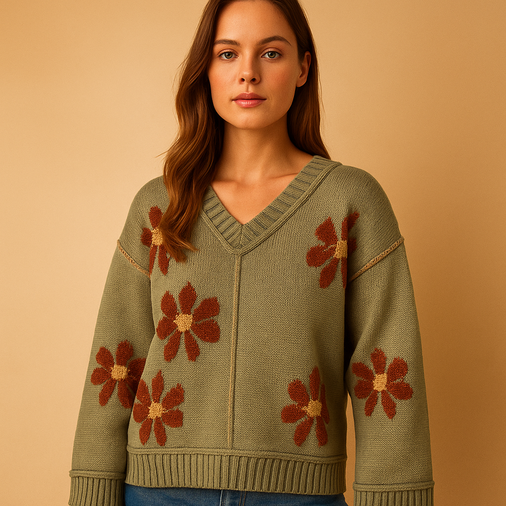 Floral knit V-neck sweater for women in green with relaxed silhouette, wide sleeves, and ribbed finish, perfect for school, parties, or casual winter wear.