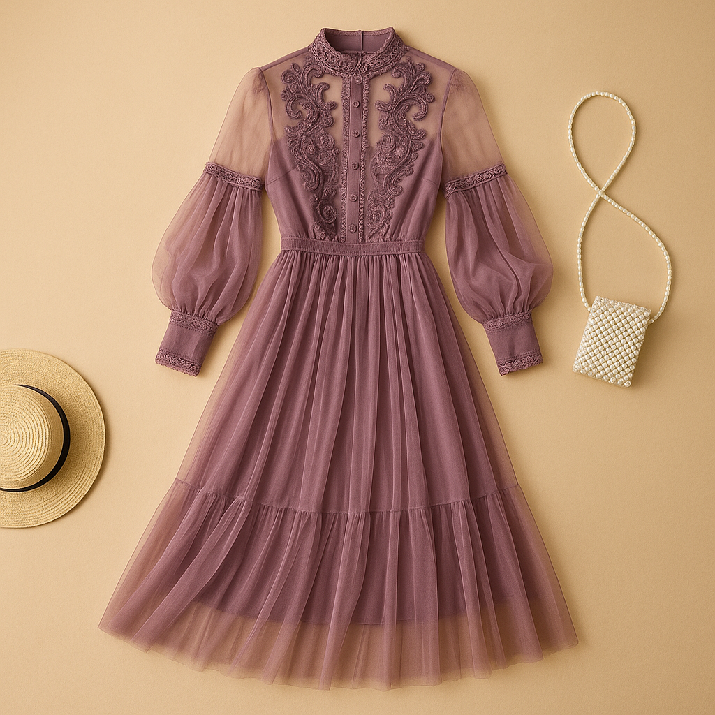 Floral long sleeve dress for women with high waist and lantern sleeves, perfect for elegant occasions or stylish everyday outfits.