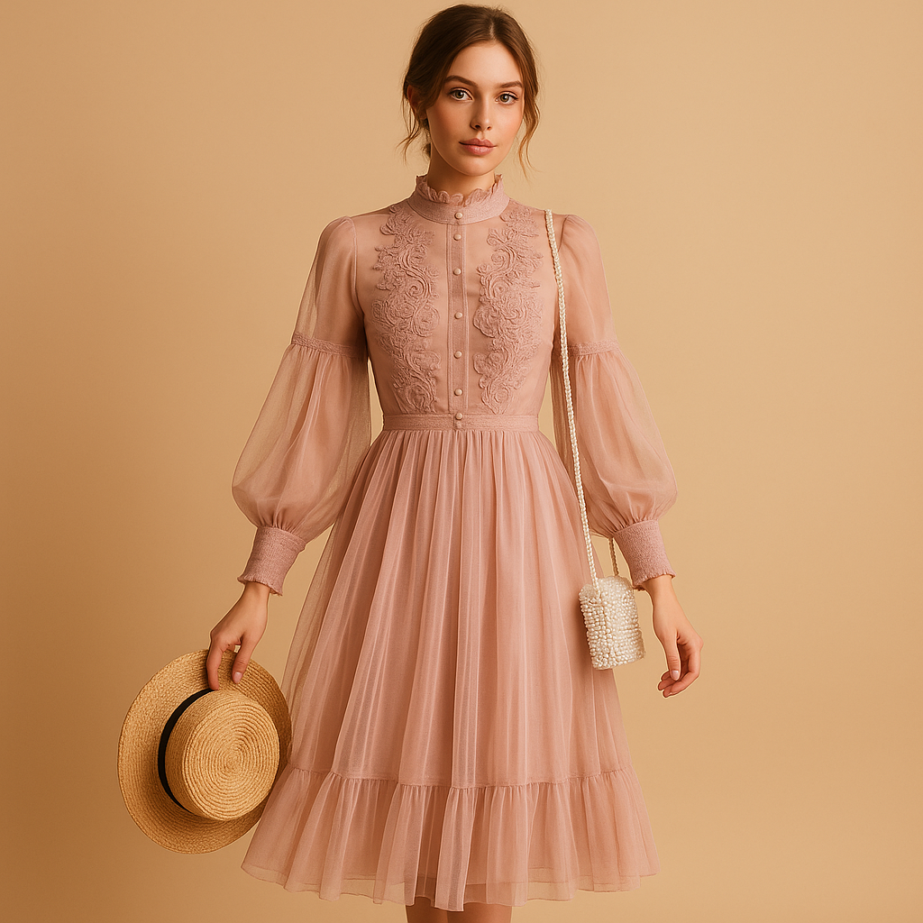 Floral long sleeve dress for women with high waist and lantern sleeves, perfect for elegant occasions or stylish everyday outfits.