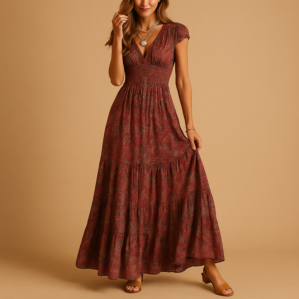 Women’s floral maxi dress with ruffled neckline and elegant waist-accentuating design, perfect for parties, dinners, and everyday elegance.