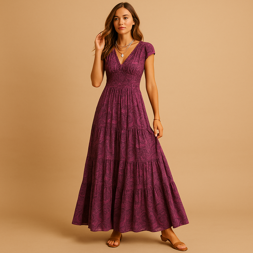Women’s floral maxi dress with ruffled neckline and elegant waist-accentuating design, perfect for parties, dinners, and everyday elegance.