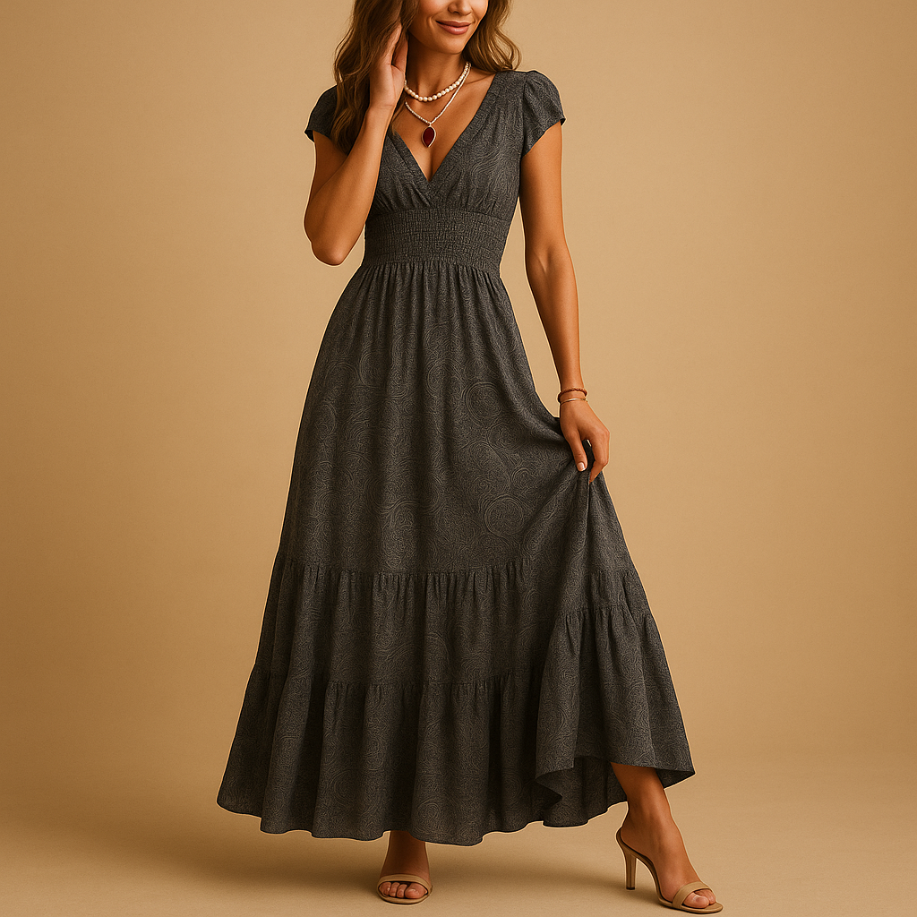 Women’s floral maxi dress with ruffled neckline and elegant waist-accentuating design, perfect for parties, dinners, and everyday elegance.