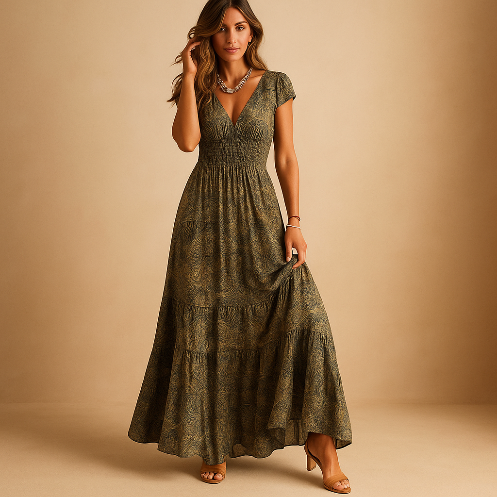 Women’s floral maxi dress with ruffled neckline and elegant waist-accentuating design, perfect for parties, dinners, and everyday elegance.