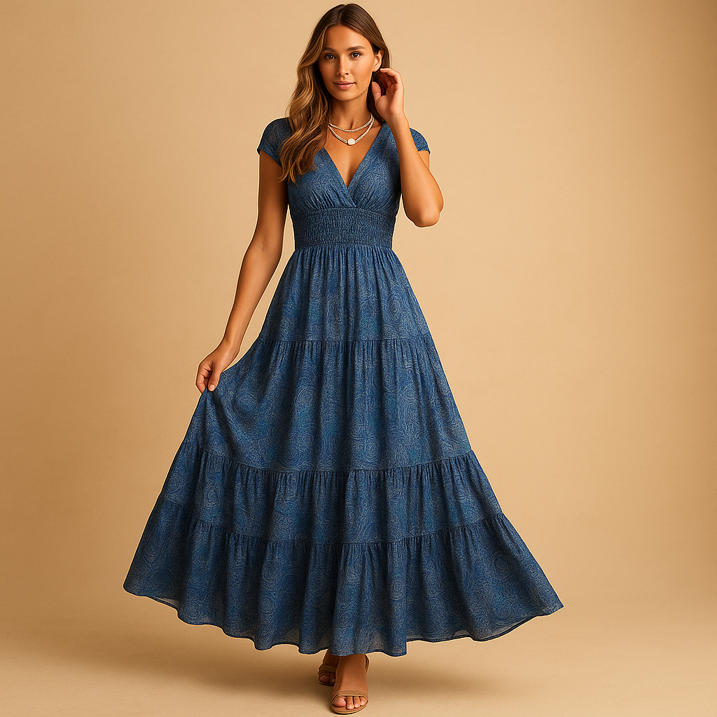 Women’s floral maxi dress with ruffled neckline and elegant waist-accentuating design, perfect for parties, dinners, and everyday elegance.