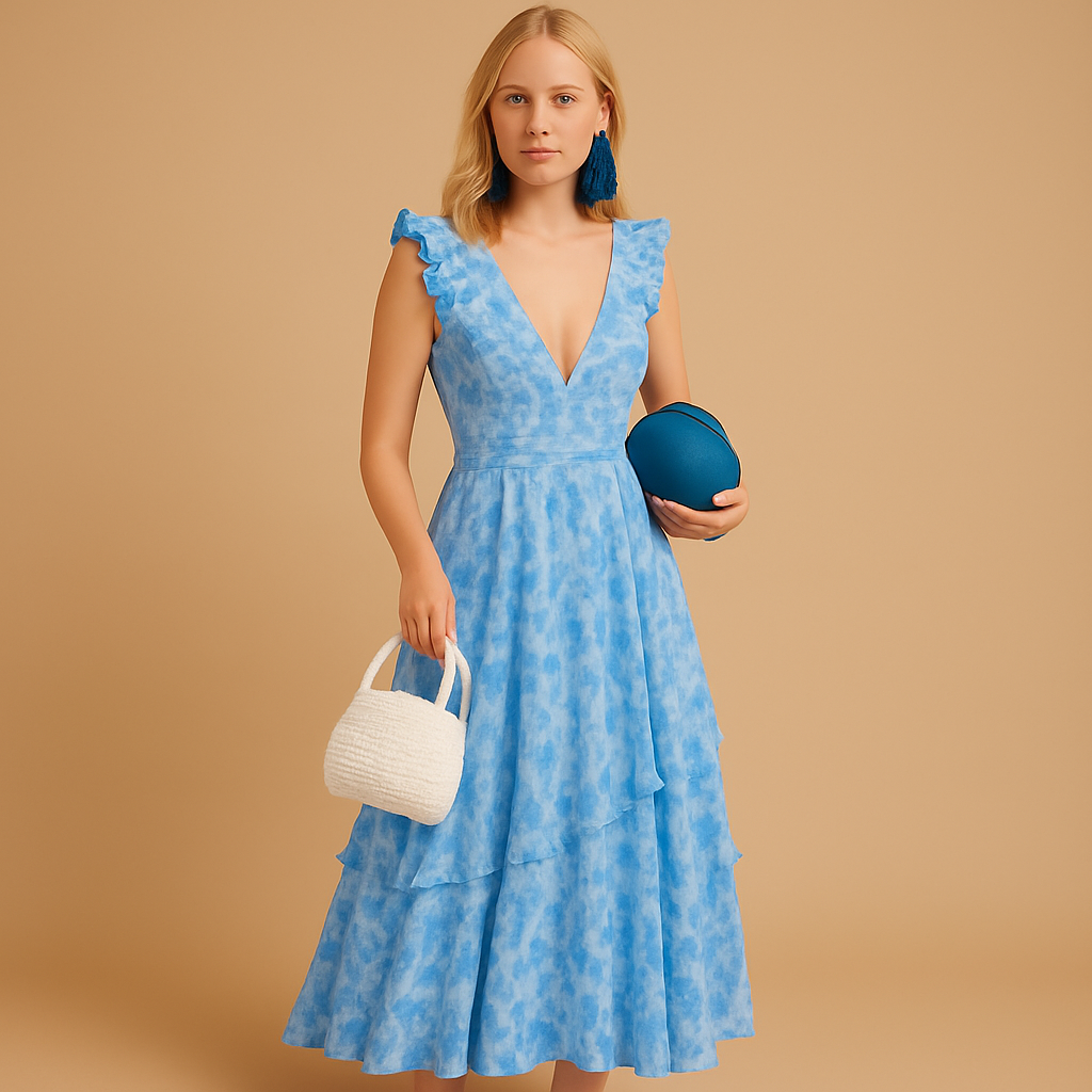 Floral maxi dress with ruffles and deep V-neck for women, featuring a cut-out waist and high slit — ideal for parties, weddings, and summer events.