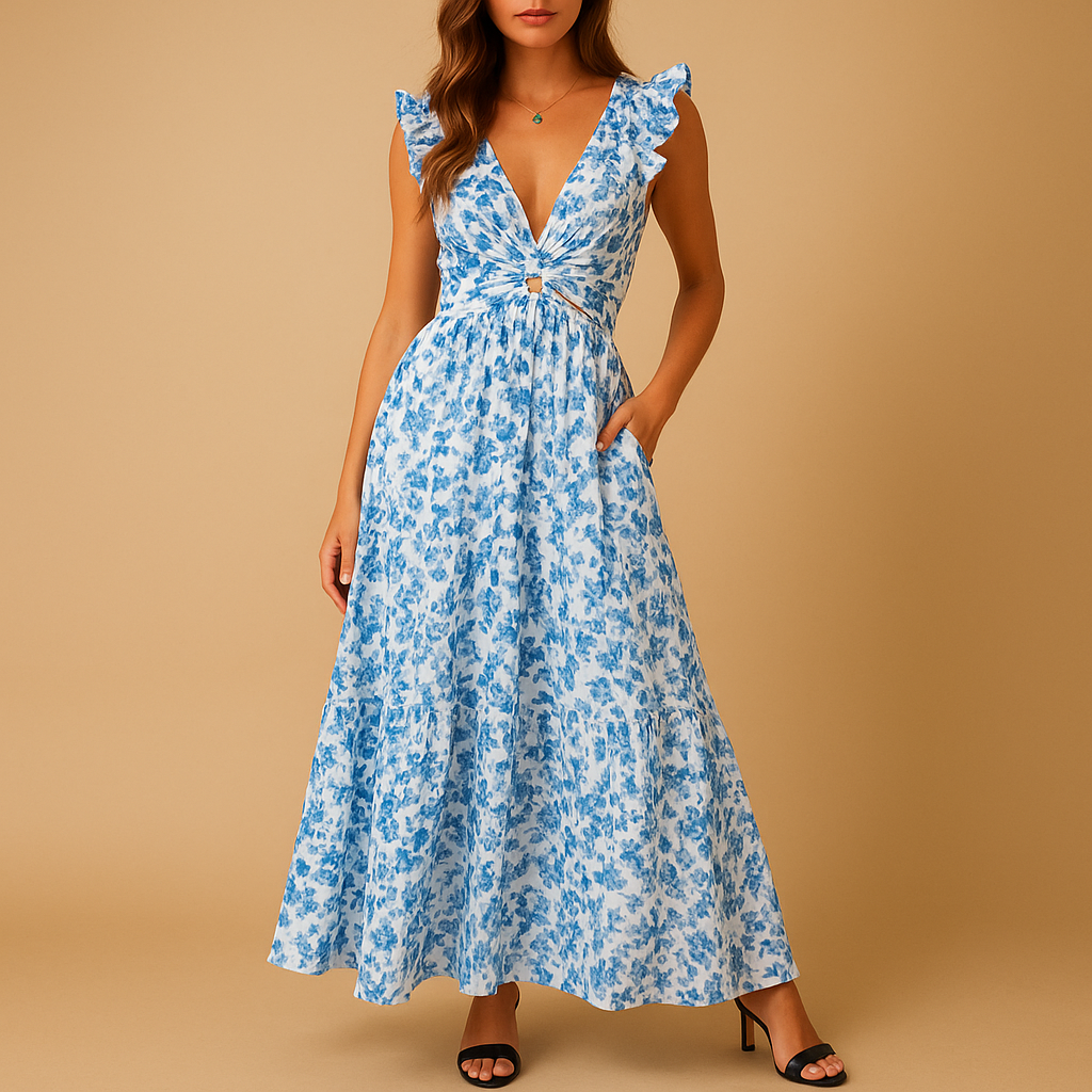 Floral maxi dress with ruffles and deep V-neck for women, featuring a cut-out waist and high slit — ideal for parties, weddings, and summer events.