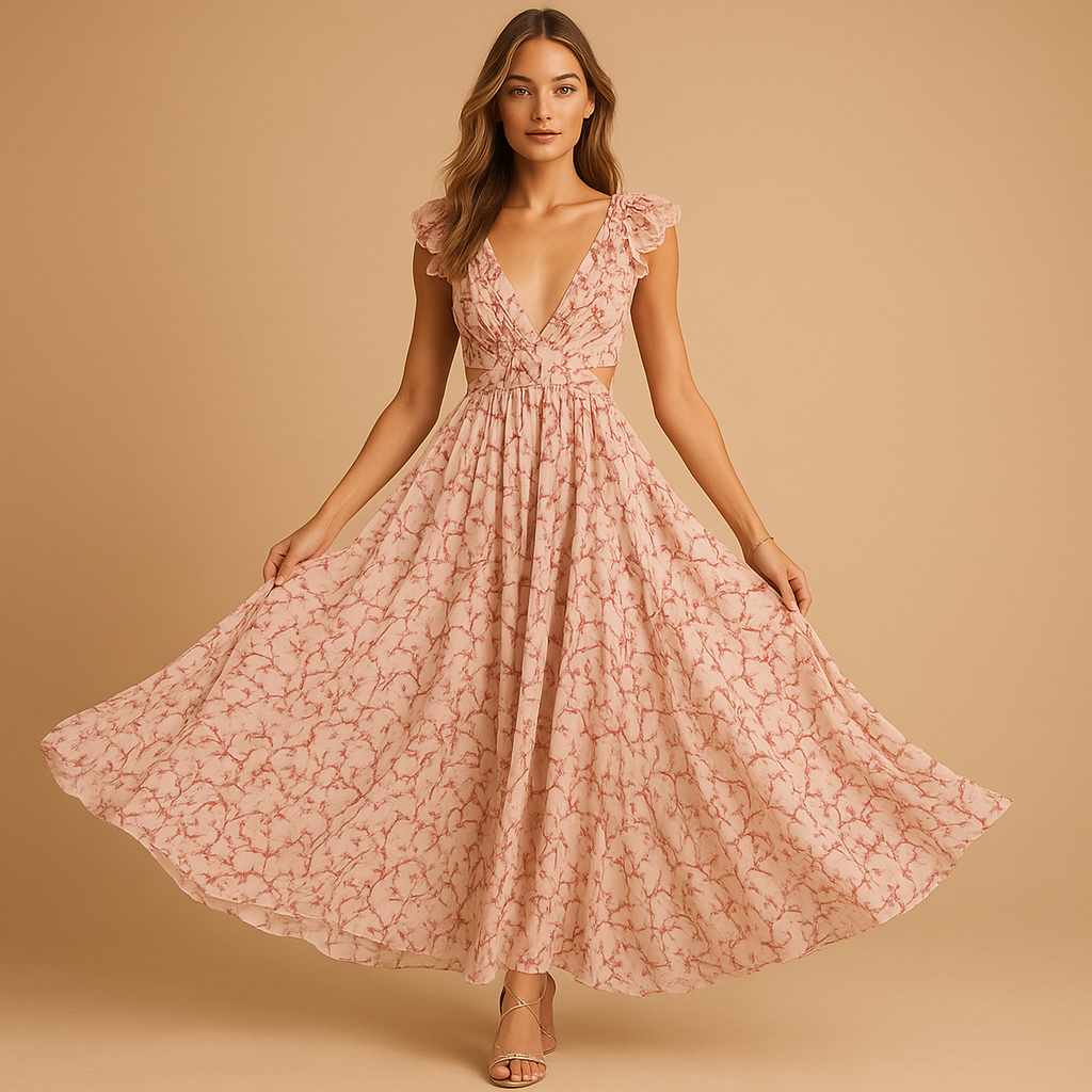 Floral maxi dress with ruffles and deep V-neck for women, featuring a cut-out waist and high slit — ideal for parties, weddings, and summer events.