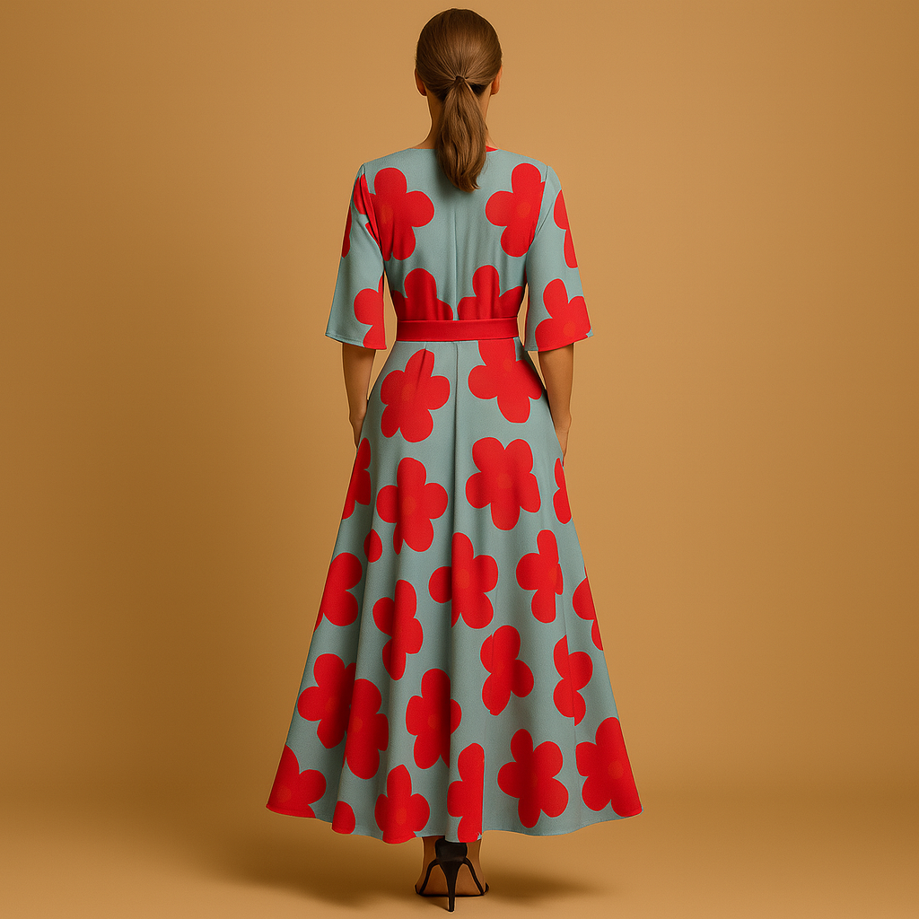 Elegant floral maxi dress for women with V-neckline, fitted waist, and flowy skirt, perfect for summer evenings, parties, and casual wear.