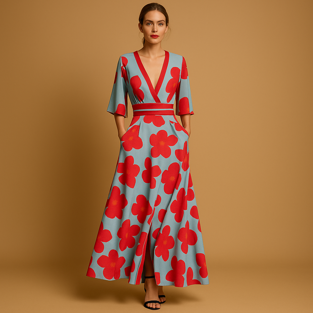 Elegant floral maxi dress for women with V-neckline, fitted waist, and flowy skirt, perfect for summer evenings, parties, and casual wear.