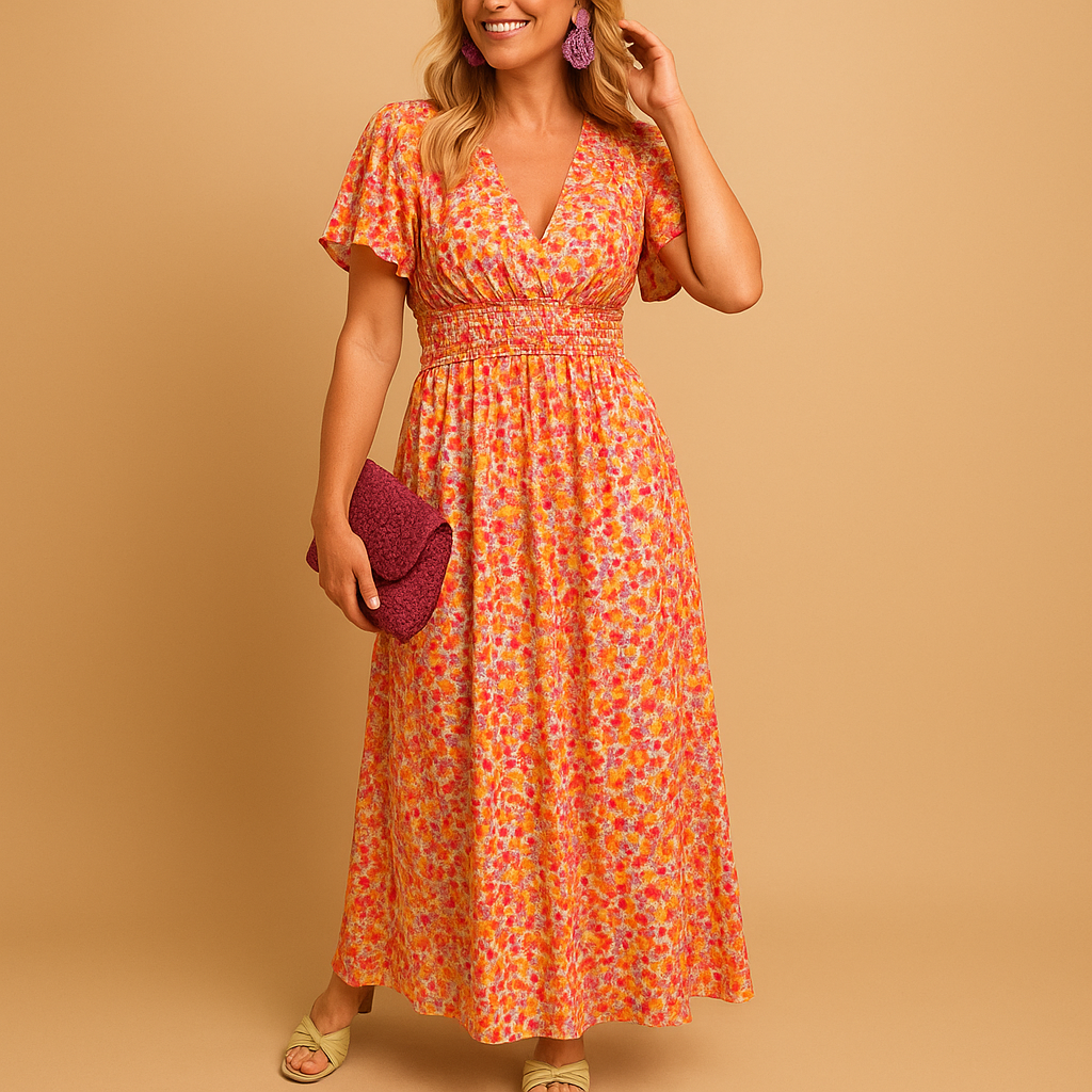 Elegant floral maxi summer dress for women with V-neckline and flowy fit, perfect for warm days, breezy evenings, and summer events.