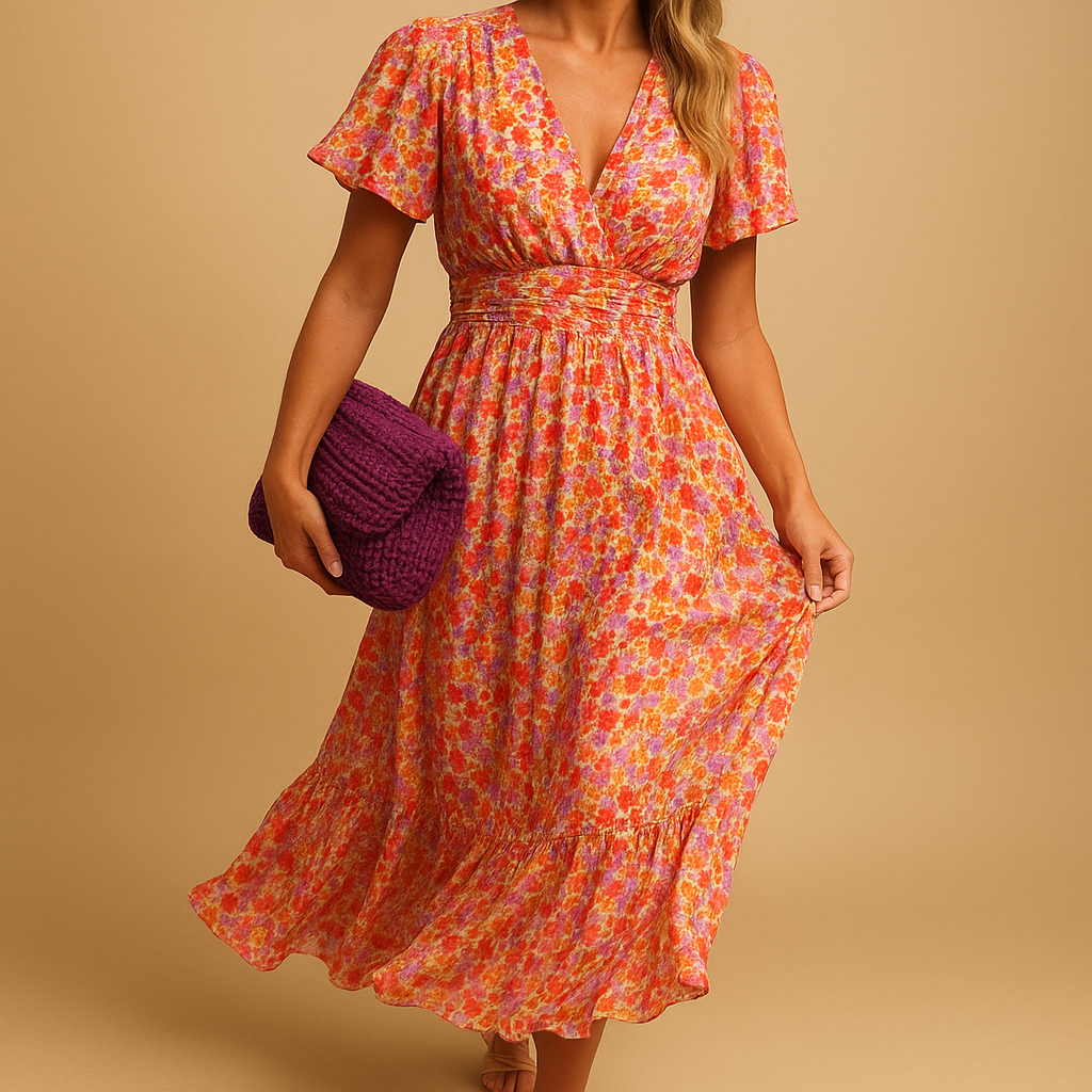 Elegant floral maxi summer dress for women with V-neckline and flowy fit, perfect for warm days, breezy evenings, and summer events.