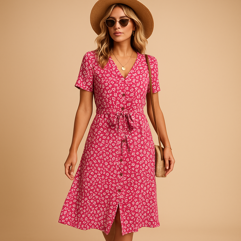 Women’s floral midi dress with short sleeves and flattering fit, made from breathable fabric, perfect for summer outings, parties, and casual wear.