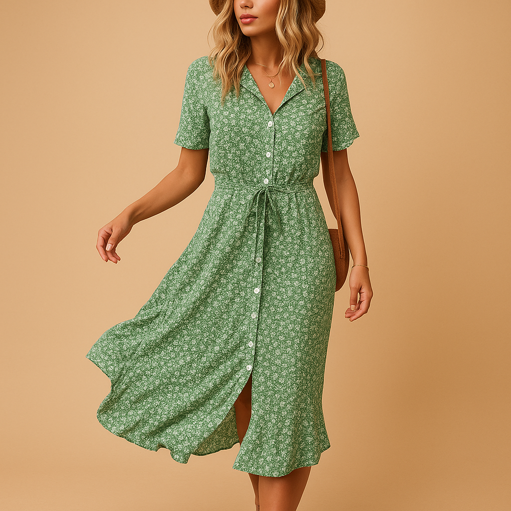 Women’s floral midi dress with short sleeves and flattering fit, made from breathable fabric, perfect for summer outings, parties, and casual wear.