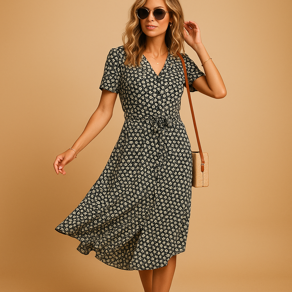 Women’s floral midi dress with short sleeves and flattering fit, made from breathable fabric, perfect for summer outings, parties, and casual wear.