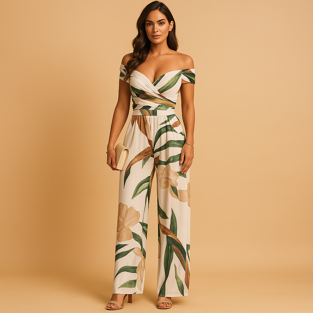 Elegant floral off-shoulder jumpsuit for women with blue and red flower print, perfect for weddings, parties, and summer events.