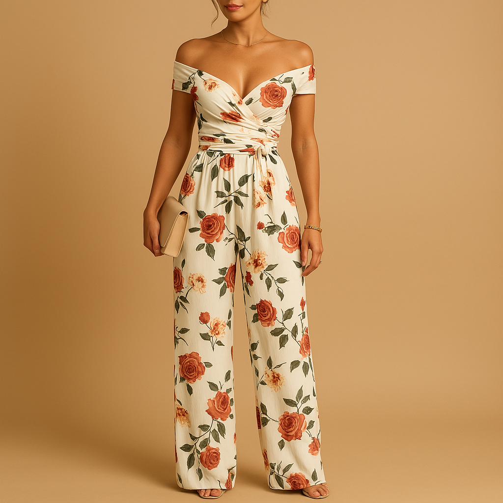 Elegant floral off-shoulder jumpsuit for women with blue and red flower print, perfect for weddings, parties, and summer events.