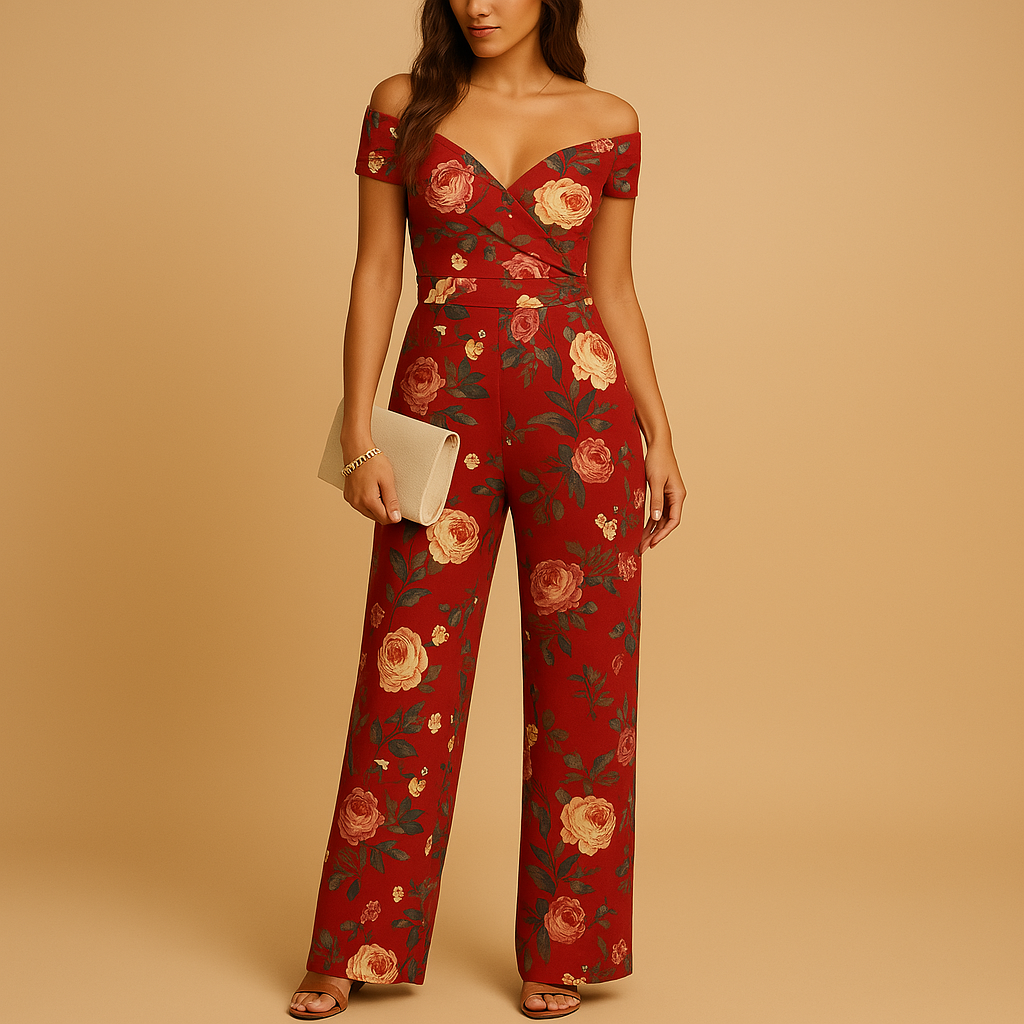 Elegant floral off-shoulder jumpsuit for women with blue and red flower print, perfect for weddings, parties, and summer events.