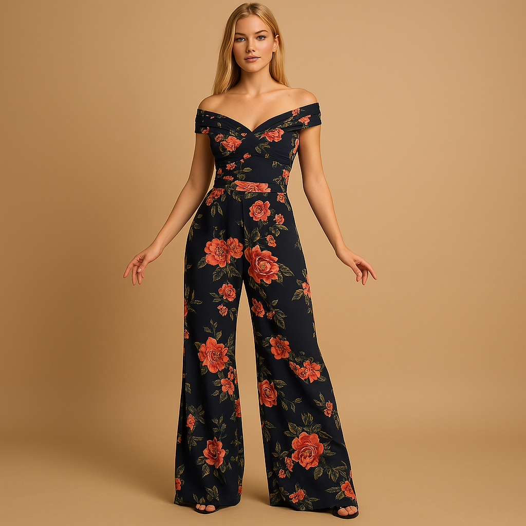 Elegant floral off-shoulder jumpsuit for women with blue and red flower print, perfect for weddings, parties, and summer events.